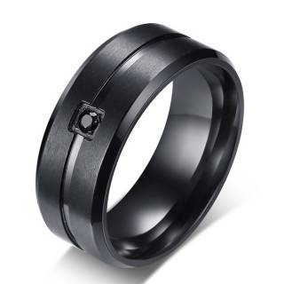 Bague homme noire en acier � rainure sertie