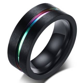 Bague homme noire en acier travers�e d'une ligne arc en ciel