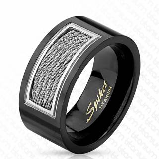Bague homme noire en titane avec rectangle de cables m�talliques
