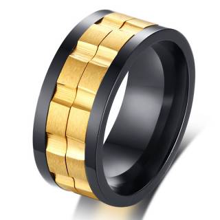 Bague homme noire et dor�e en acier � engrenages tournants