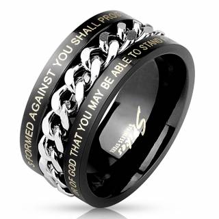 Bague homme noire travers�e d'une chaine avec verset de la bible