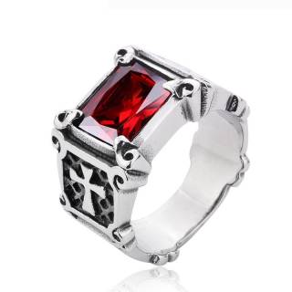 Bague homme templier en acier avec crucifix et pierre carr�e rouge