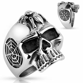 Bague homme t�te de mort avec araign�e et toiles en acier