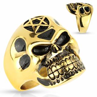 Bague homme t�te de mort dor�e en acier � pentagramme frontal