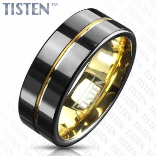 Bague homme tisten noire � rainure et int�rieur dor�