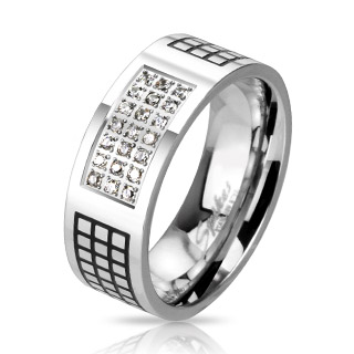 Bague homme titane � quadrillages et rectangle pav� de pierres