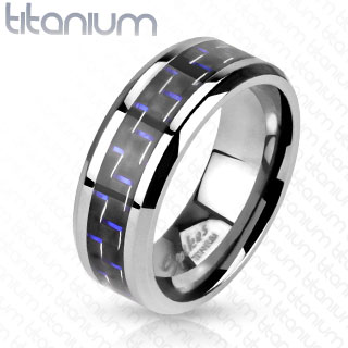 Bague homme titane et fibre de carbone � inclusions bleues