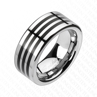 Bague homme en tungstene poli et argent� travers� de trois bandes noires