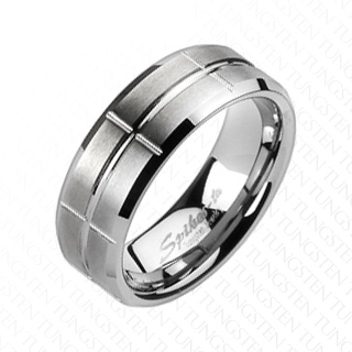 Bague homme en tungstene avec bandeau bross� travers� de rainures crois�es