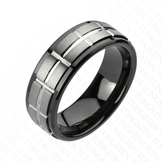 Bague homme en tungstene noir avec bande carrel�e