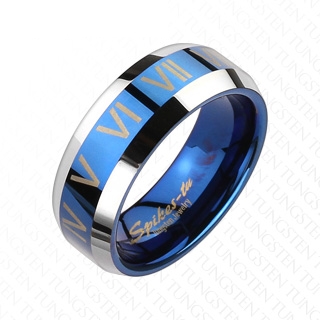 Bague homme en tungstene bleu avec chiffres romains et bords argent�s