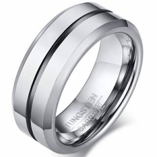 Bague homme tungstene � sillon noir