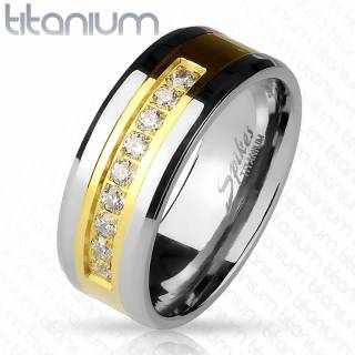 Bague mixte � bande dor�e inscrust�e de 9 strass