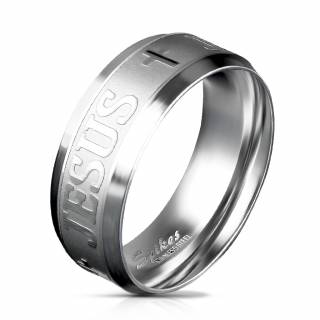 Bague mixte acier � croix et "JESUS" grav�s
