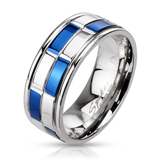 Bague mixte acier damier bleu et argent�