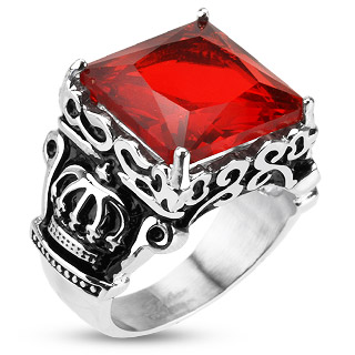 Bague mixte acier style royal � pierre rouge sang