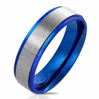 Bague mixte bleue � bandeau bross� gris