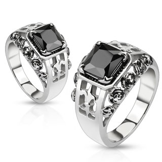 Bague mixte en acier � fleur de Lys, lignes de roses et pierre noire