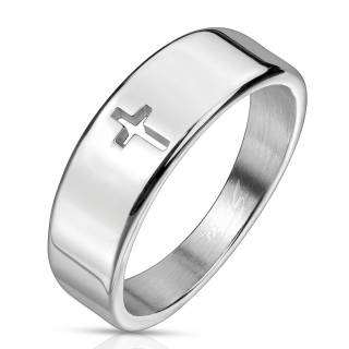 Bague mixte en acier � petite croix latine ajour�e
