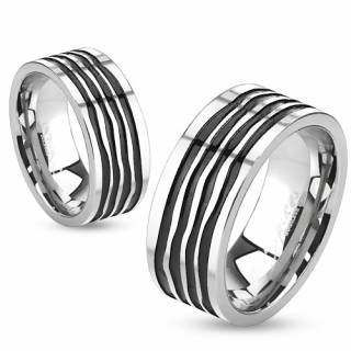 Bague mixte en acier � quatre rainures ondulantes noires
