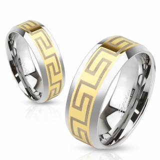 Bague mixte en acier avec motif labyrinth sur bande dor�e