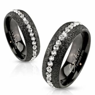 Bague mixte en acier noir et sabl� avec coutours de pierres