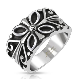 Bague mixte en acier noirci � reliefs floraux