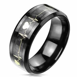 Bague mixte noire en acier � �lectrocardiogramme d'amour