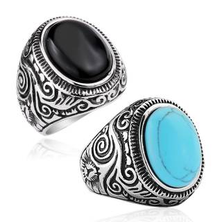 Bague mixte vintage grav�e avec pierre ovale