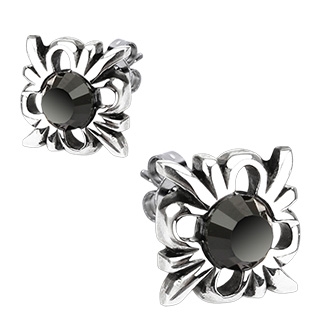 Boucles d'oreilles acier soleils tribaux � pierres noires