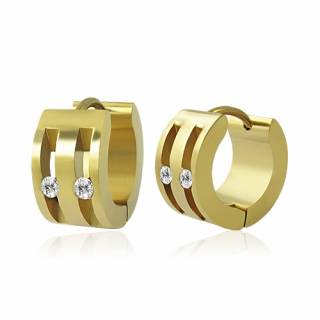 Paire de boucles d'oreilles homme en acier dor� avec rainures serties