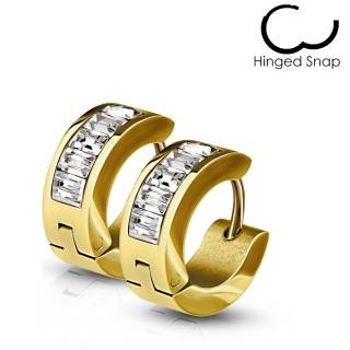 Boucles d'oreilles homme dor�es en acier � lignes de cristaux (paire)