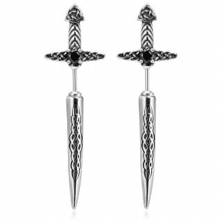 Boucles d'oreilles acier en forme d'�p�e celtique � pierre noire (Paire) "SPADONES ARGENTEUS"