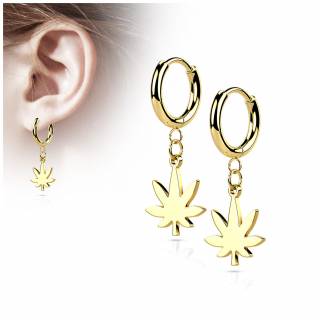 Boucles d'oreilles cr�oles feuille cannabis en acier Dor� pour homme (paire)