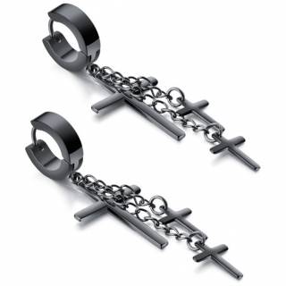 Boucles d'oreilles en acier noir � trio de croix latines suspendues (paire)