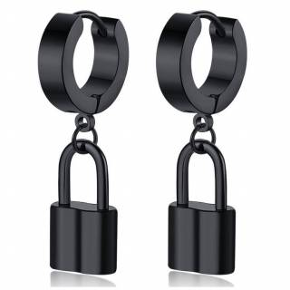 Boucles d'oreilles noires cr�oles en acier � cadenas pour homme (Paire)