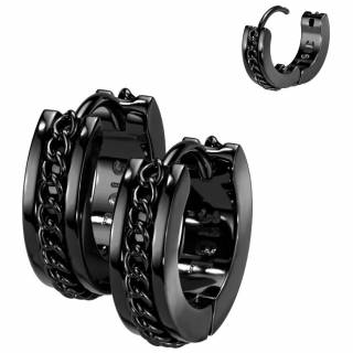 Boucles d'oreilles Noires en acier � insert de chaine pour homme (Paire)