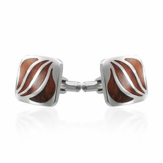 Boutons de manchette carr�s acier � ondulations plaquage bois