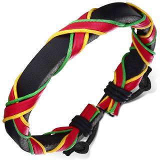 Bracelet � bande de cuir avec croisillons jaunes, rouges, verts