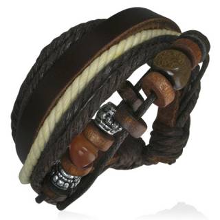 Bracelet � bande de cuir marron, cordes, perle de bois et de m�tal