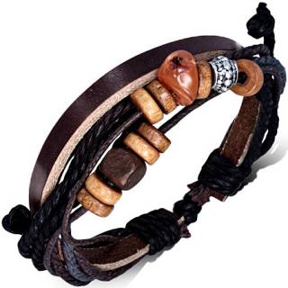 Bracelet � bande de cuir marron fonc� et multiples perles