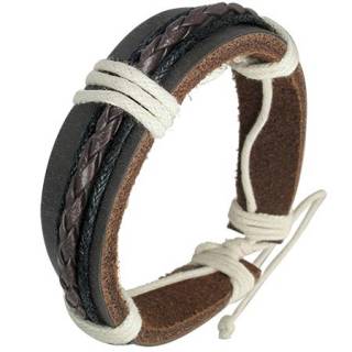 Bracelet � bande de cuir marron, tresse et cordes blanches