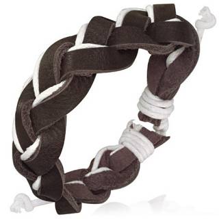 Bracelet � bandes de cuir marron tress�es entrelac� de corde blanche