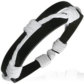 Bracelet � deux lani�res de cuir entrelac�es d'une corde blanche nou�e