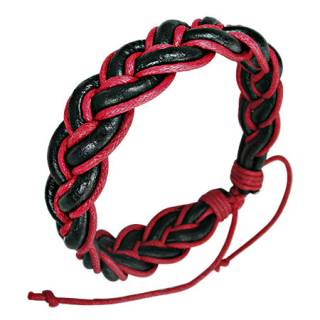 Bracelet � grosse tresse de cuir noir et rouge