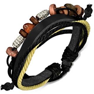 Bracelet � lani�re de cuir, cordes noires et jaunes avec perles en bois, m�tal et pierre