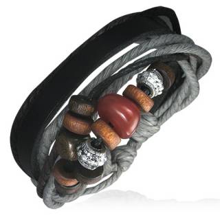 Bracelet � lani�re de cuir et cordage avec perle de bois, m�tal et pierre rouge