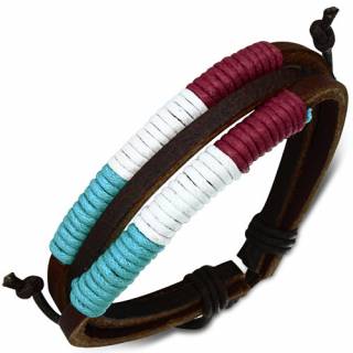 Bracelet � lani�re de cuir et cordage enroul� bleu, blanc, rouge
