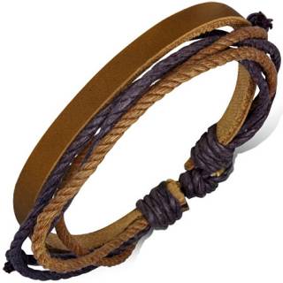 Bracelet � lani�re de cuir marron clair et cordage bicolore