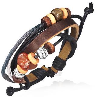 Bracelet � lani�re de cuir marron et cordes avec perles de m�tal, bois et pierre